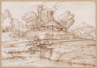 K V 061
<br/>
Reizigers te paard op weg naar een burcht langs een boerderij met strooien dak
<br/>
<em>Grimaldi, Giovanni Francesco (1606-1680)</em>